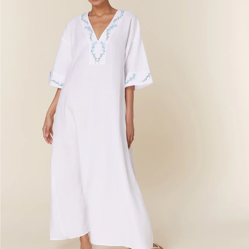 NWT Fanm Mon x Andie Linen Kepez Kaftan Dress White Breezy Resort Wear - Picture 13 of 14